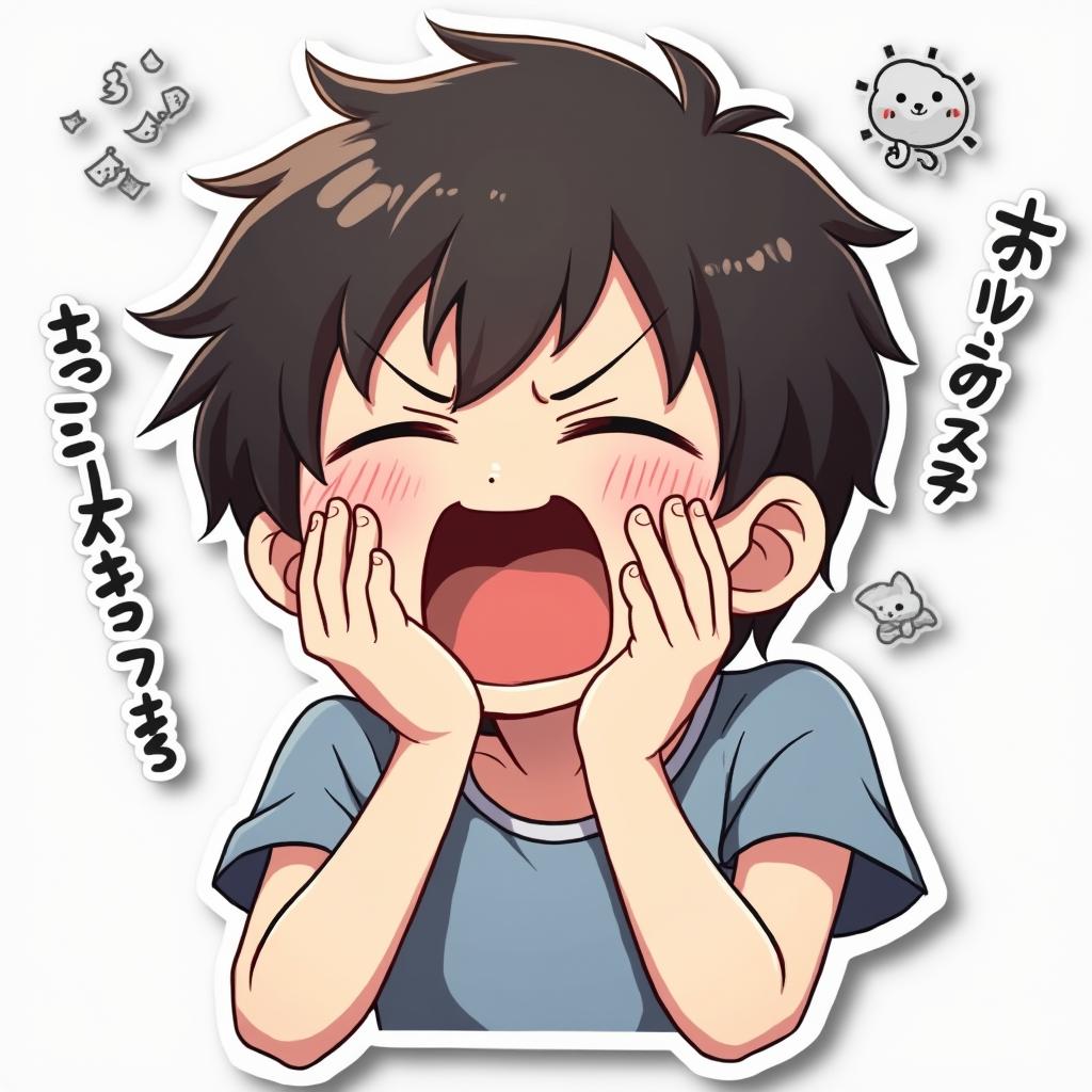 Anime character yawning with hands over mouth and sleep symbols