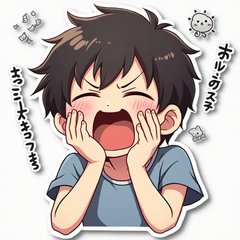 Anime character yawning with hands over mouth and sleep symbols