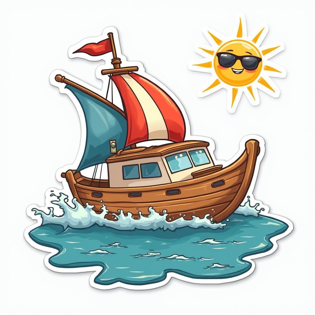 Cartoon boat with colorful sails sailing under a smiling sun