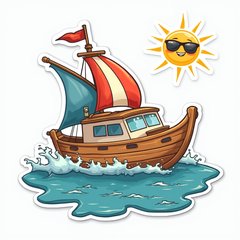 Cartoon boat with colorful sails sailing under a smiling sun