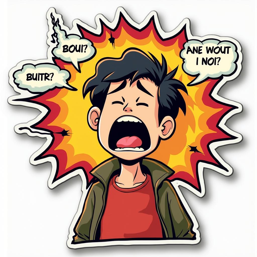 Comic book character yawning dramatically with thought bubbles