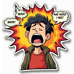 Comic book character yawning dramatically with thought bubbles