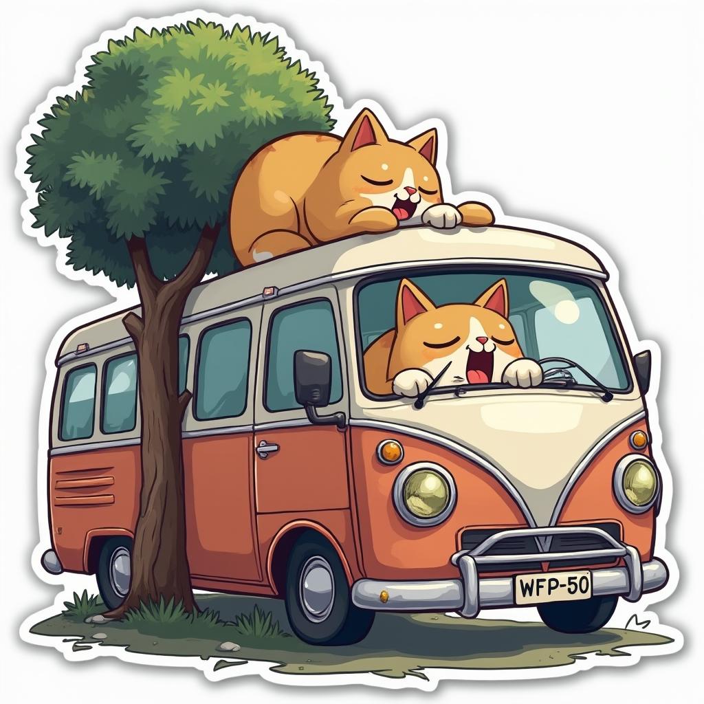 Anime-style bus with droopy eyes yawning under a tree with a cat