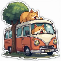 Anime-style bus with droopy eyes yawning under a tree with a cat