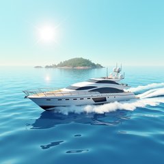 3D rendered sleek yacht sailing on calm waters with island