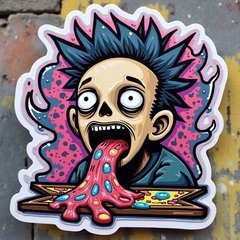 Graffiti-style character with funky hair vomiting bright colors and patterns.
