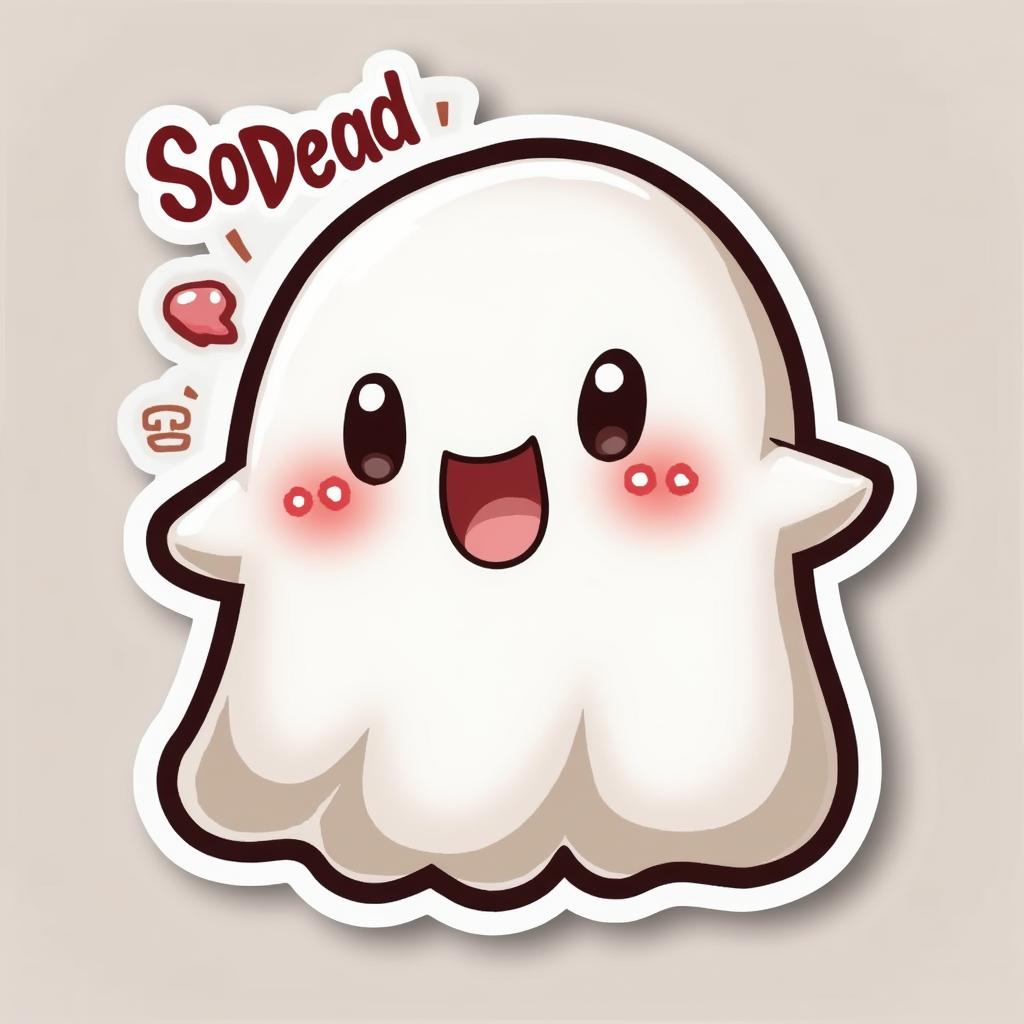 Kawaii ghost character with blush and playful expression, with text 'So Dead' above