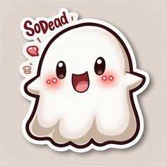Kawaii ghost character with blush and playful expression, with text 'So Dead' above