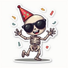 Chibi skeleton character dancing with sunglasses and party hat, surrounded by confetti