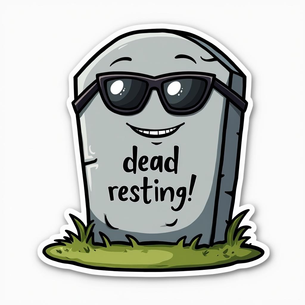 Emoji-style cartoon tombstone with smirk and sunglasses, with text 'I'm not dead, just resting!'