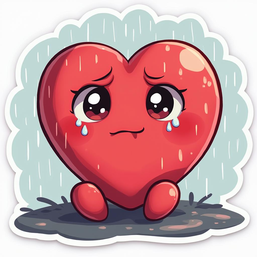 Anime sad heart character sitting in the rain with tears