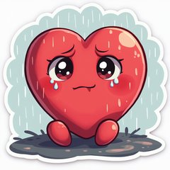 Anime sad heart character sitting in the rain with tears