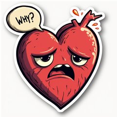Comic book heart with sad expression saying 'Why me?'
