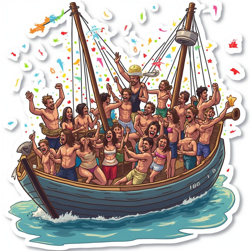 Meme-style sticker of a party boat full of dancing people