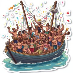 Meme-style sticker of a party boat full of dancing people