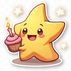 Chibi star holding a cupcake with a candle, celebrating a birthday