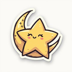 Doodle star with sleepy eyes resting on a crescent moon