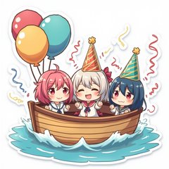 Chibi characters celebrating on a small party boat
