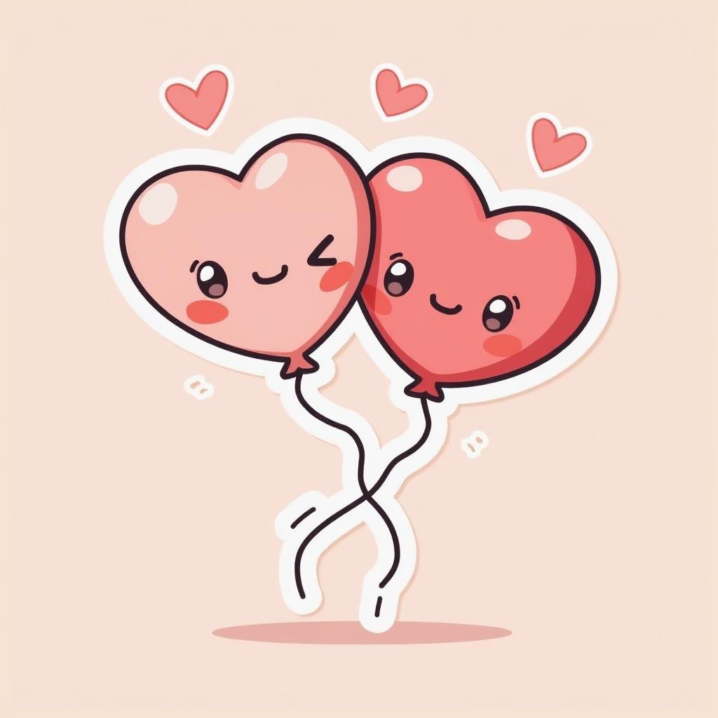 Chibi heart-shaped balloons with cute faces, blushing and intertwined