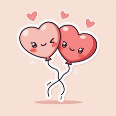Chibi heart-shaped balloons with cute faces, blushing and intertwined