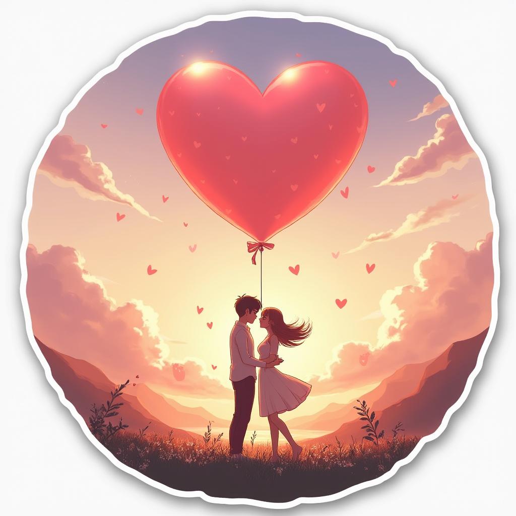 Anime-style pink balloon floating away against a sunset background