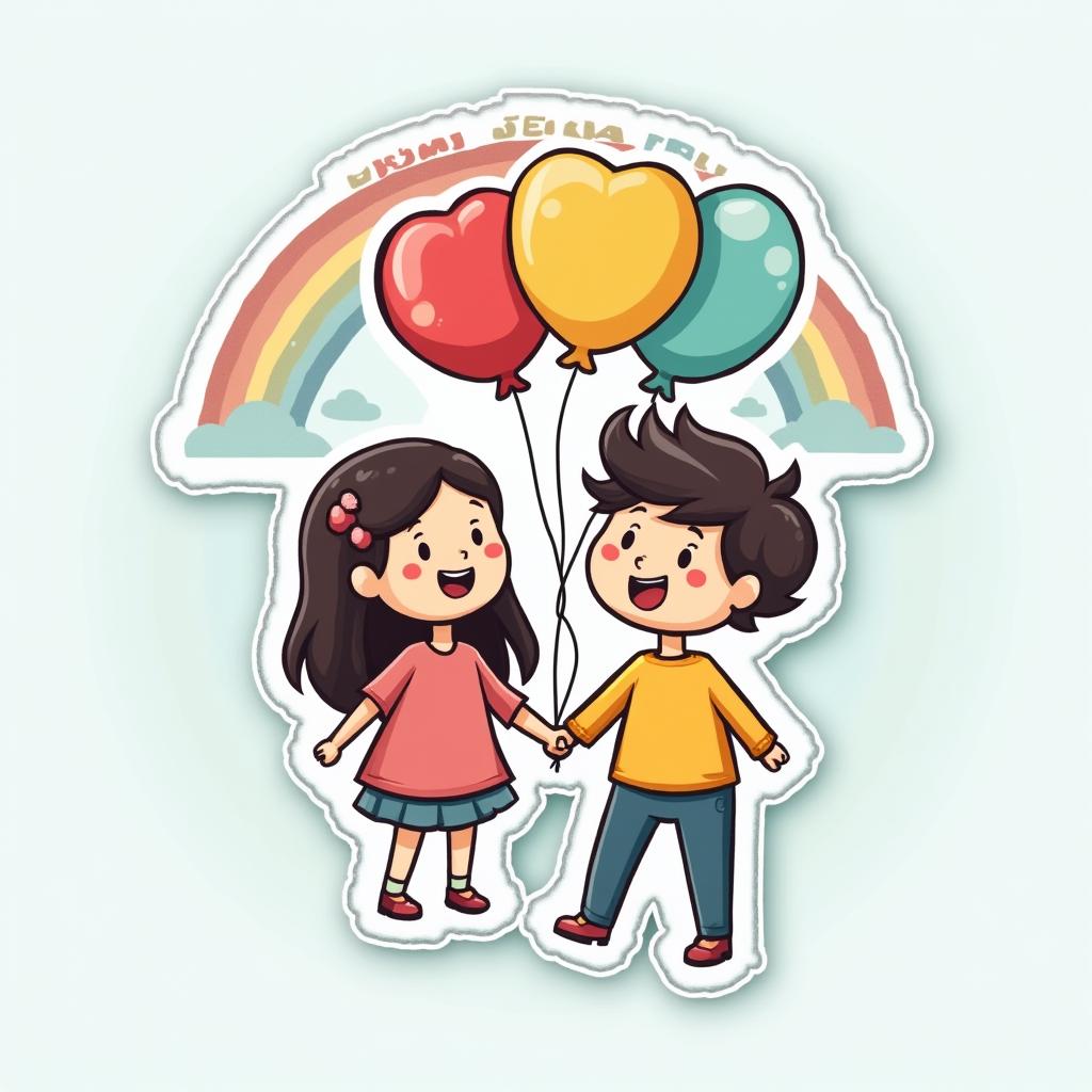 Cartoon balloon couple holding hands in the sky with clouds and a rainbow
