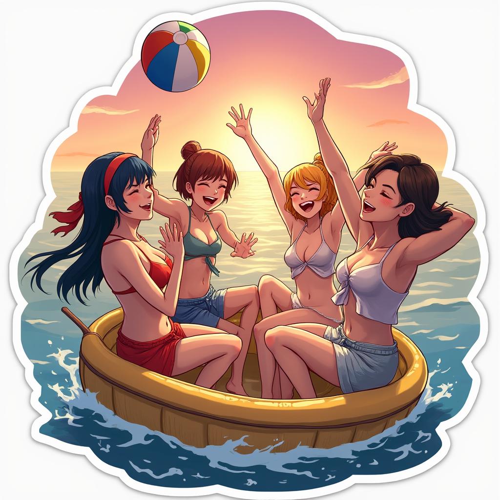 Anime-style friends having fun on a boat with a sunset