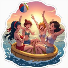 Anime-style friends having fun on a boat with a sunset