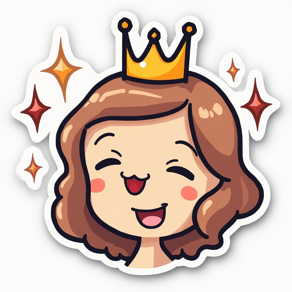 Cartoon crown flipping hair with a cheeky grin and sparkles