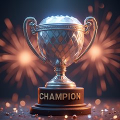 3D rendered diamond trophy on a pedestal with fireworks