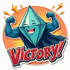 Comic book style diamond flexing with a superhero cape and 'Victory!' text