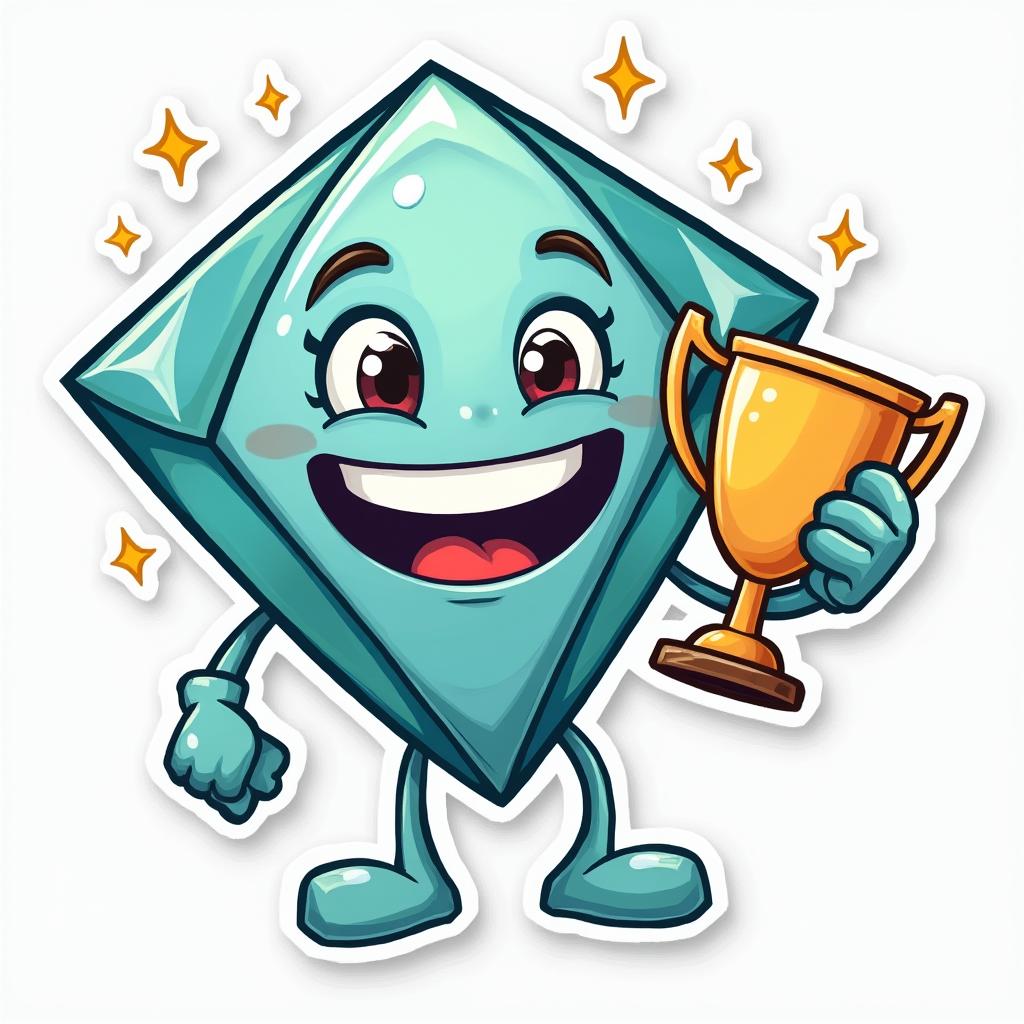 Doodle-style diamond holding a trophy with a big grin and sparkles