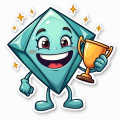 Doodle-style diamond holding a trophy with a big grin and sparkles
