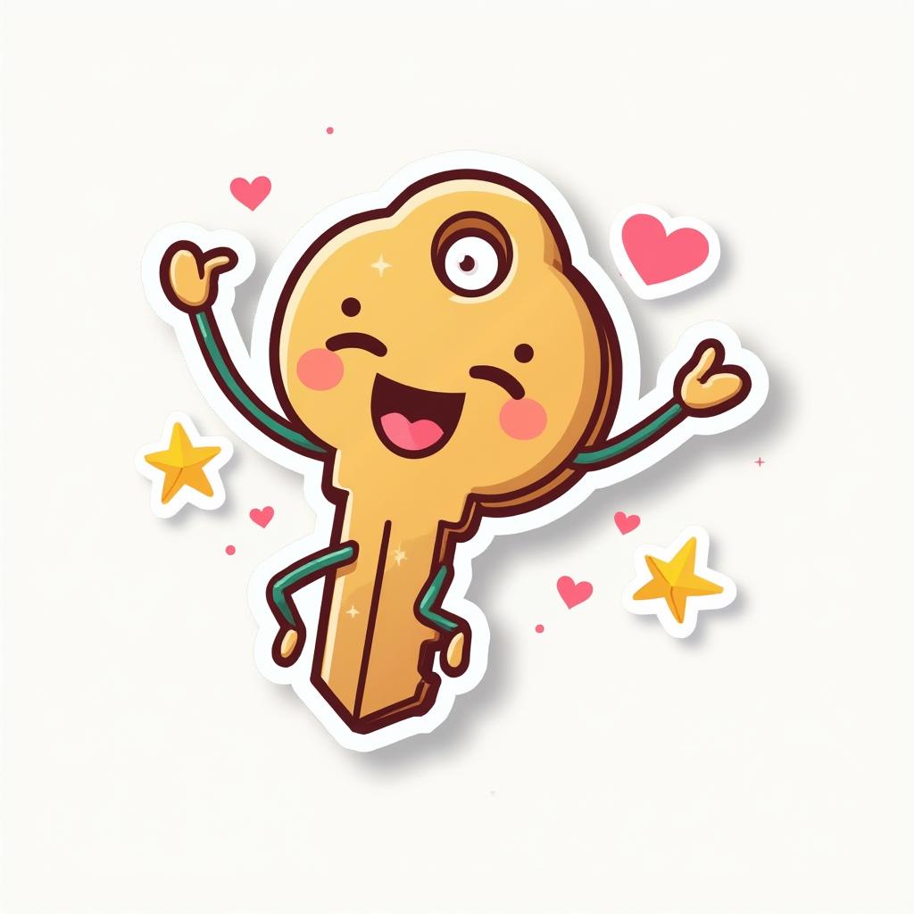 Kawaii key jumping with joy surrounded by hearts and stars