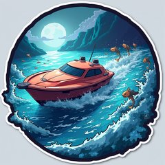 Anime sticker of a boat racing through mystical waters