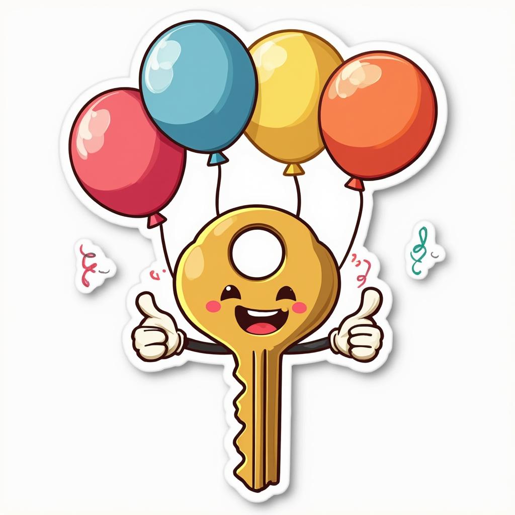 Chibi key giving a thumbs up surrounded by balloons