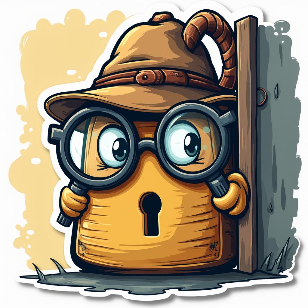 Cartoon lock wearing a detective hat and holding a magnifying glass, looking curious