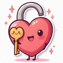 Kawaii heart-shaped lock with rosy cheeks and a tiny smiling key, symbolizing love