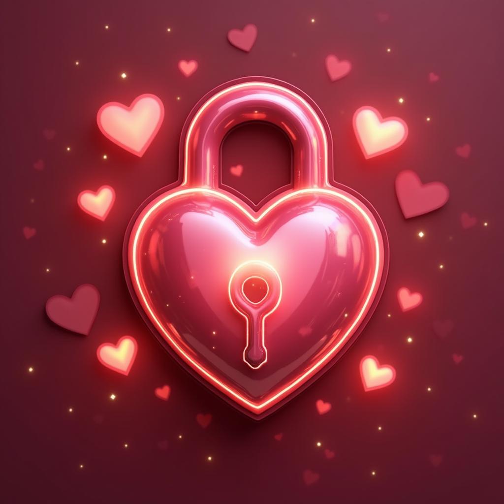 3D rendered shiny heart-shaped lock and key surrounded by glowing hearts