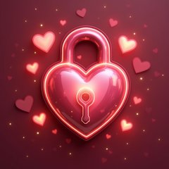 3D rendered shiny heart-shaped lock and key surrounded by glowing hearts