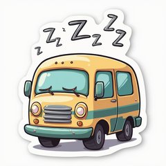 Doodle of a sleepy bus with zzz's above it leaning