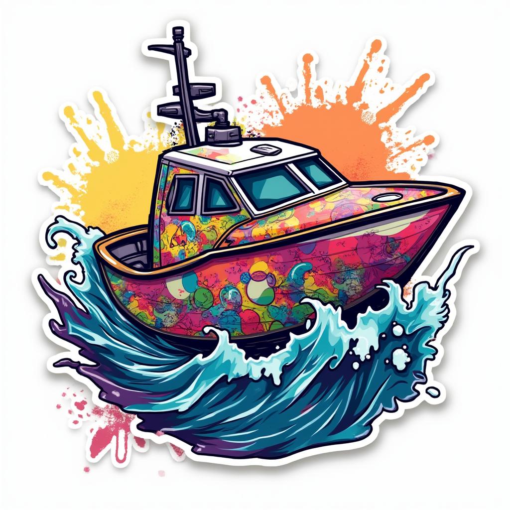 Graffiti-style sticker of a colorful boat cruising through waves