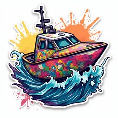 Graffiti-style sticker of a colorful boat cruising through waves