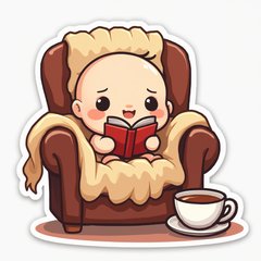 Chibi book with tea in a cozy armchair