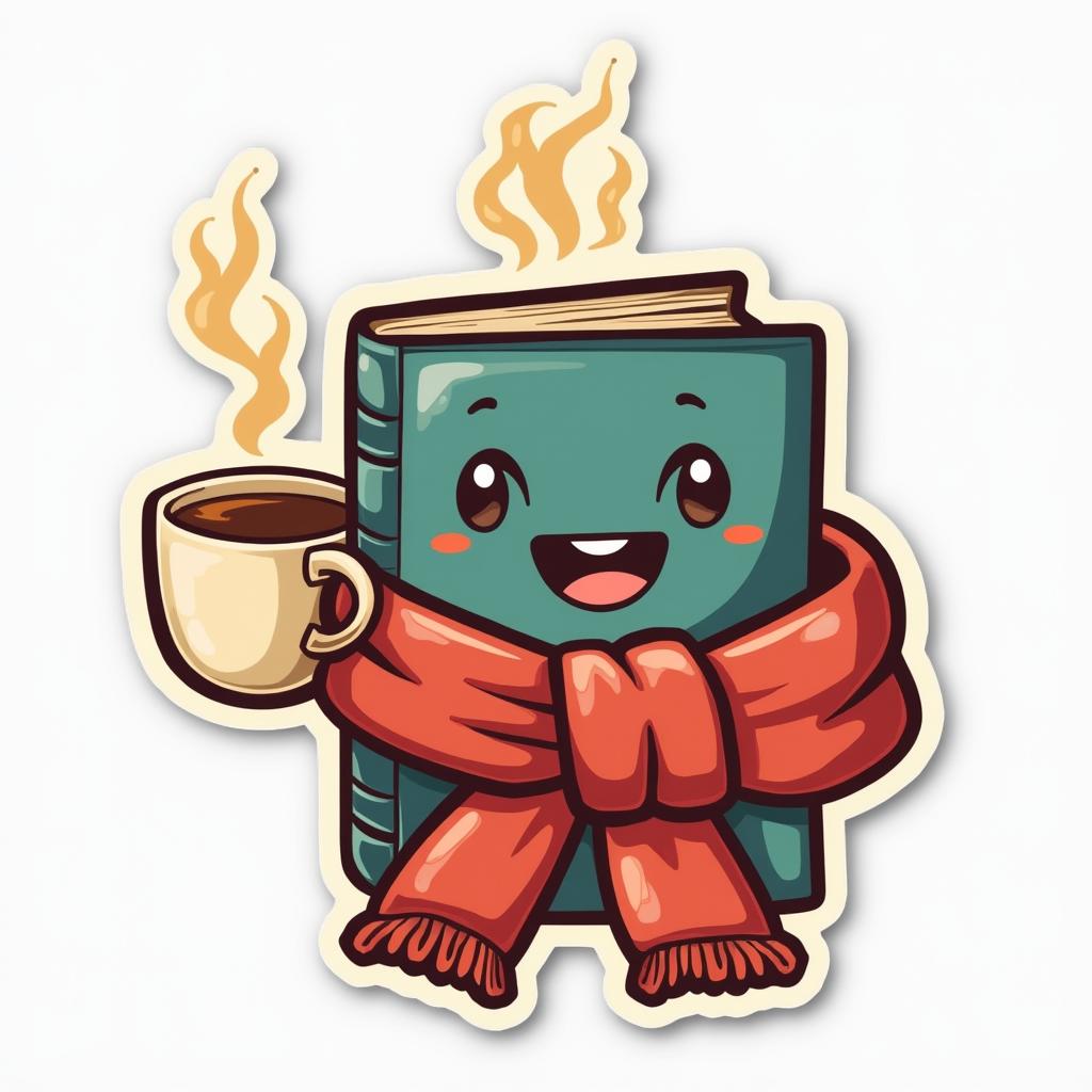 Emoji-style book with a scarf and coffee cup