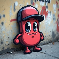 Graffiti-style music note character in a cap leaning against a wall