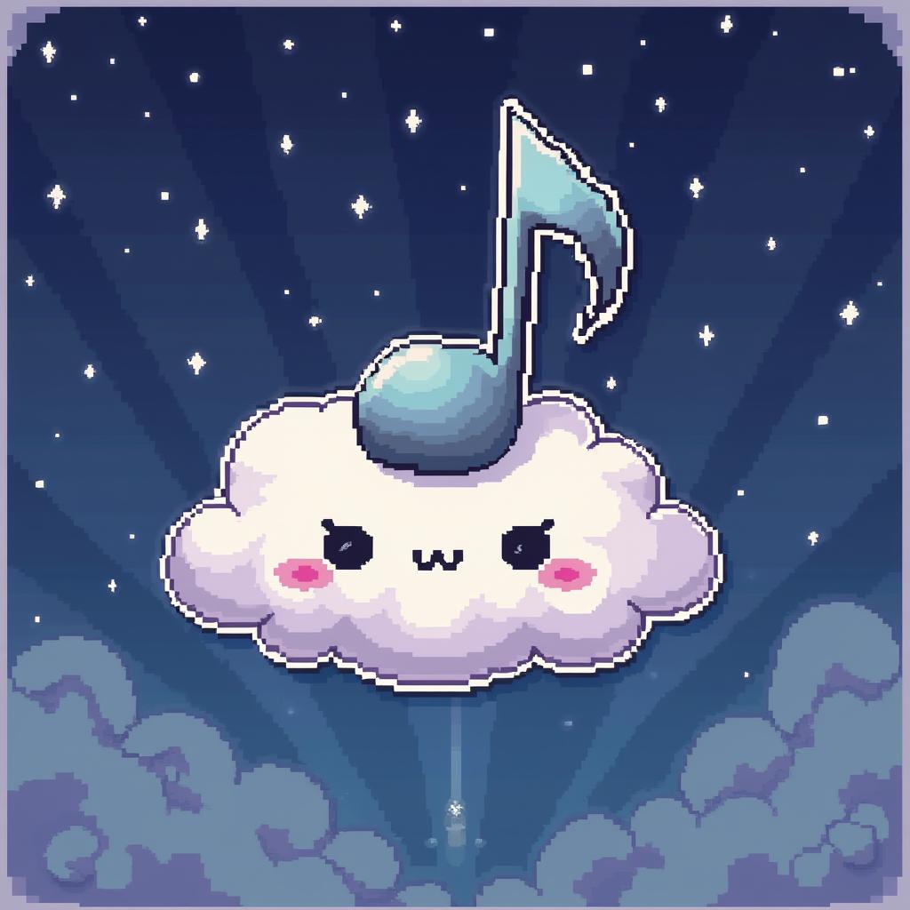 Pixel art music note floating on a cloud in a night sky with stars