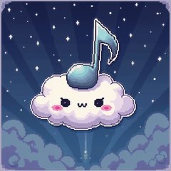 Pixel art music note floating on a cloud in a night sky with stars
