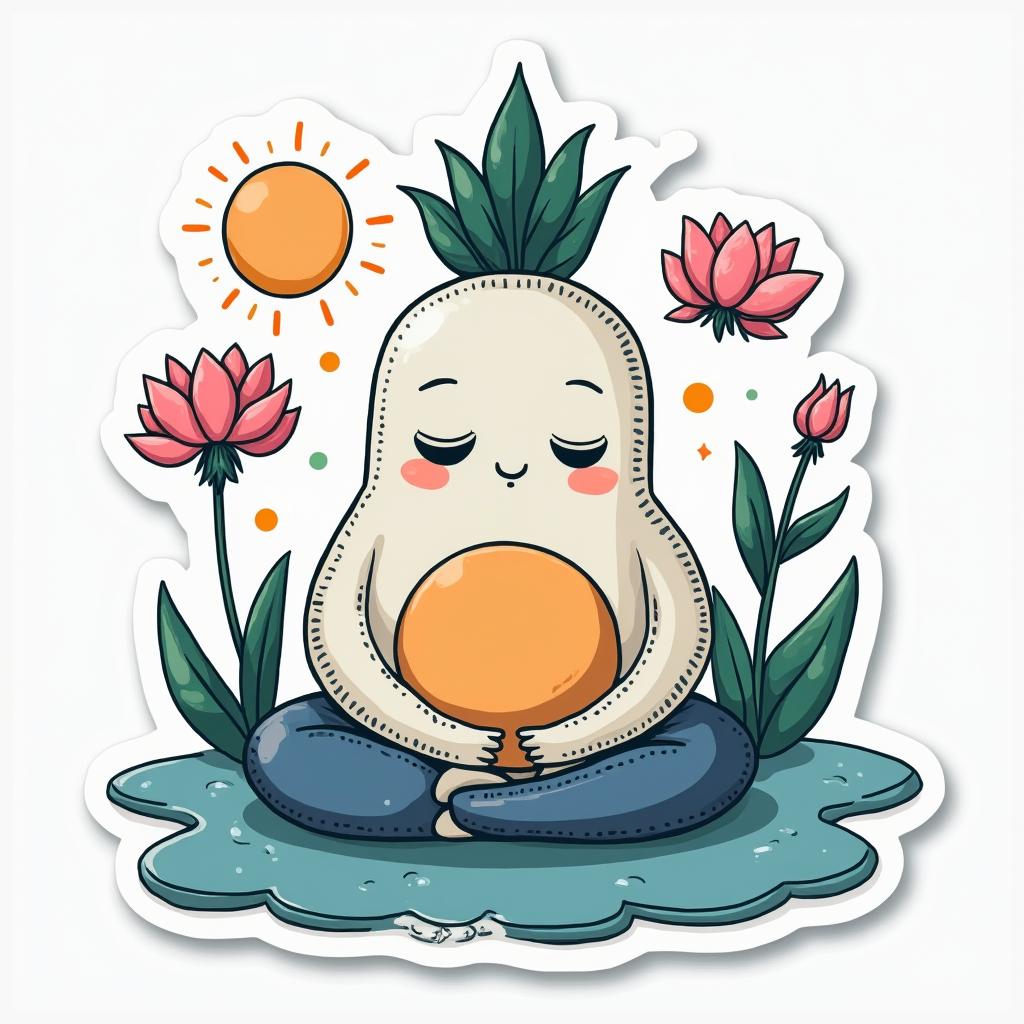 Doodle-style music note character meditating surrounded by peaceful waves