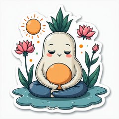 Doodle-style music note character meditating surrounded by peaceful waves